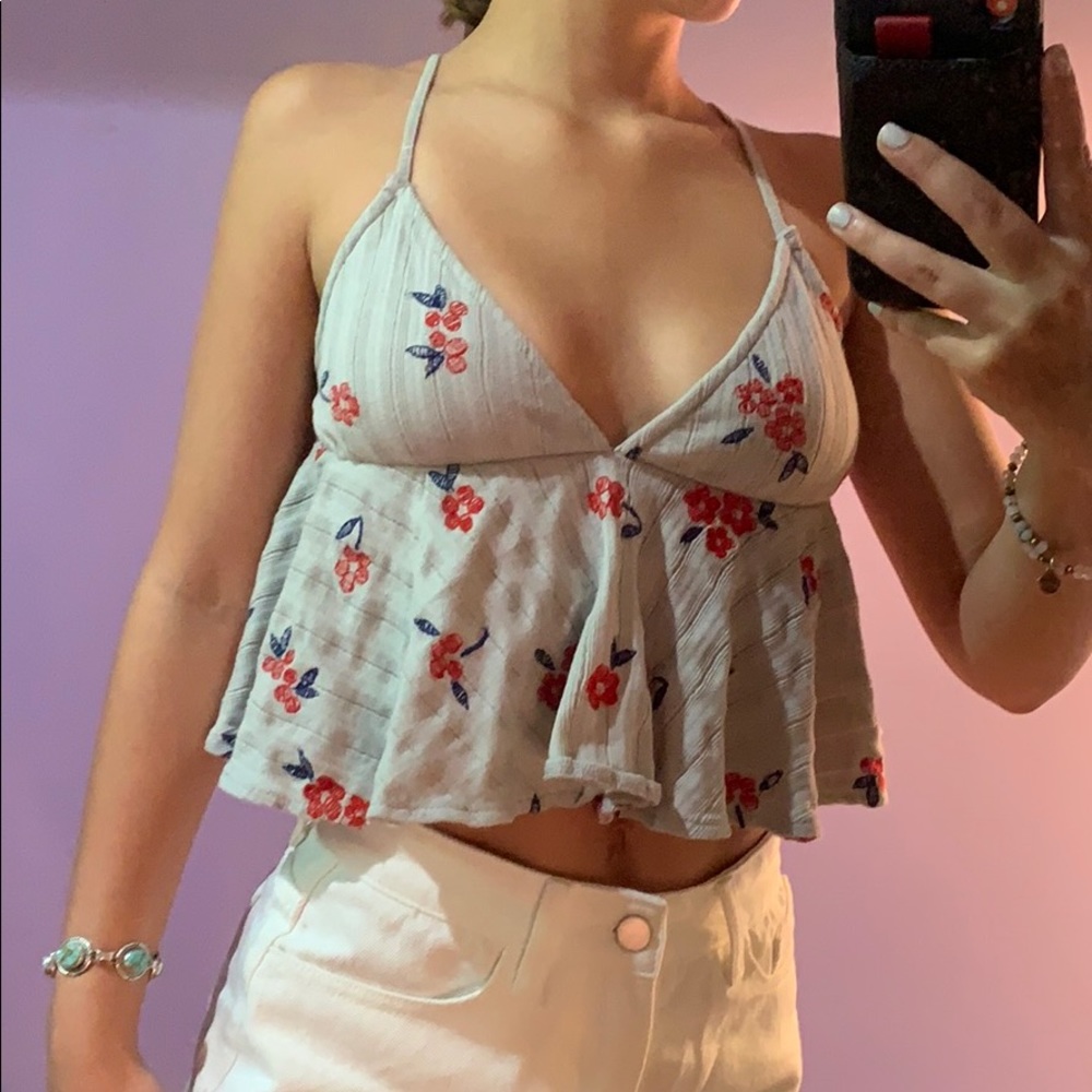 Light Grey Floral Crop Tank